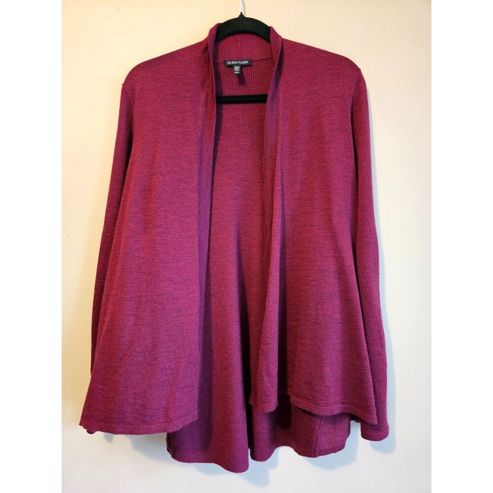Eileen Fisher 100% Merino Rib Flutter Front Pomegranate Sweater Cardigan Med